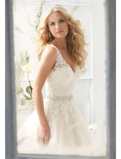 Engagement Open Back Sexy Formal Wedding Dresses A-Line Regular Straps V Neck Lace With