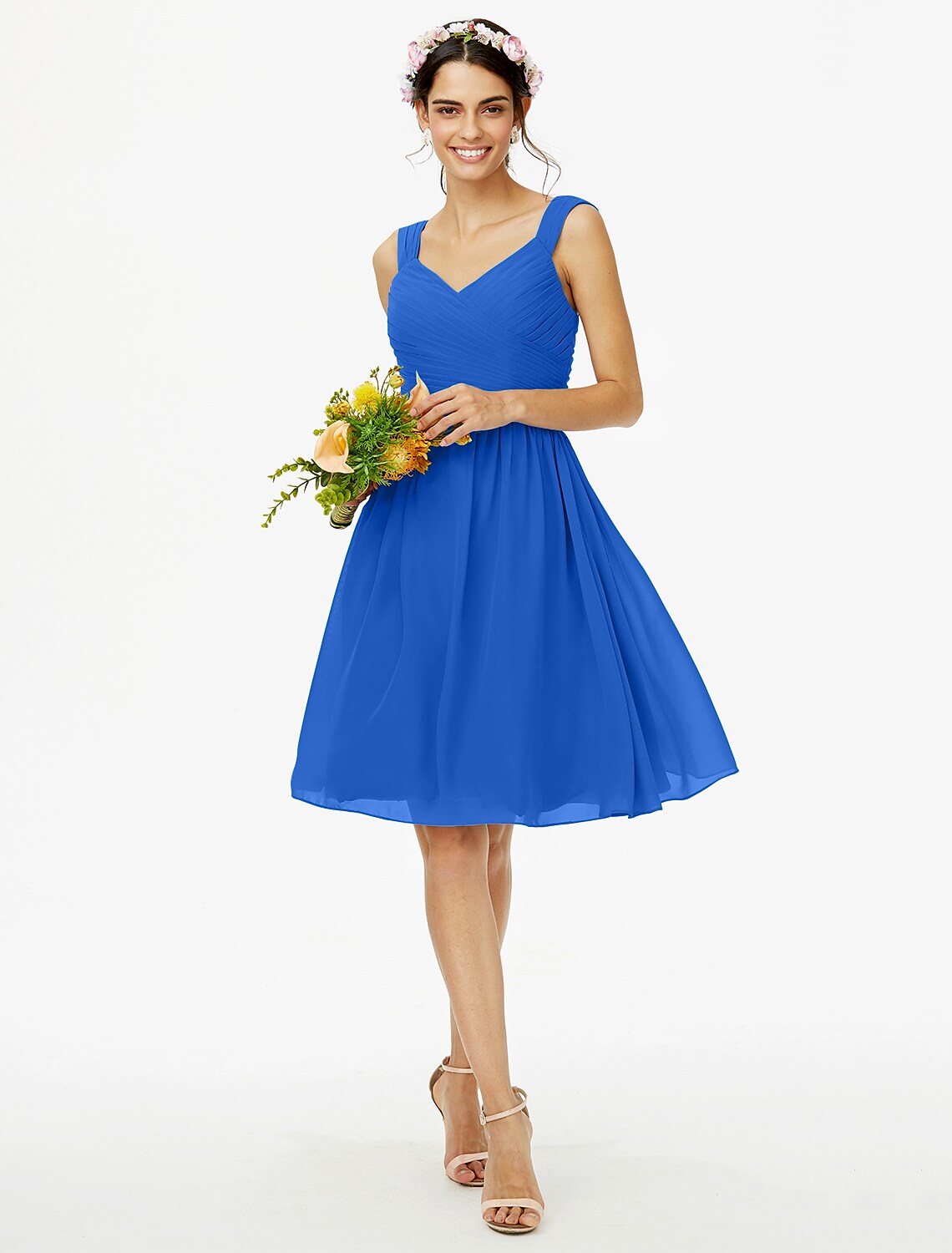 A-Line Bridesmaid Dress Straps Sleeveless Open Back Knee Length Chiffon Sash Ribbon Bow(s)