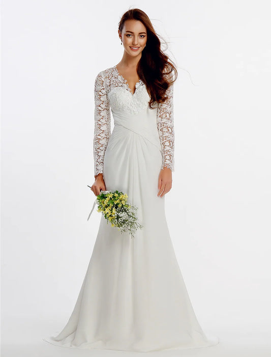 Beach Wedding Dresses Chapel A-Line Long Sleeve Satin With