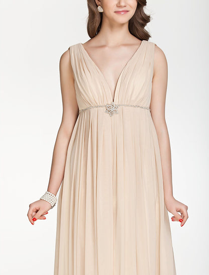 A-Line Bridesmaid Dress V Neck Sleeveless Beautiful Floor Length Chiffon with Pleats Beading