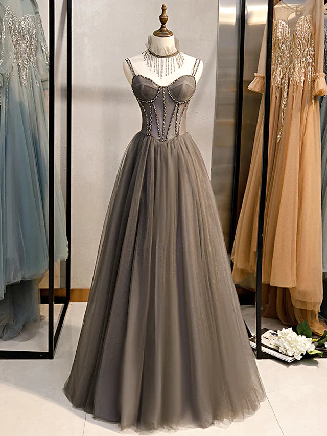 A-Line Prom Dresses Sexy Dress Formal Floor Length Sleeveless Strap Tulle with Pleats Crystals