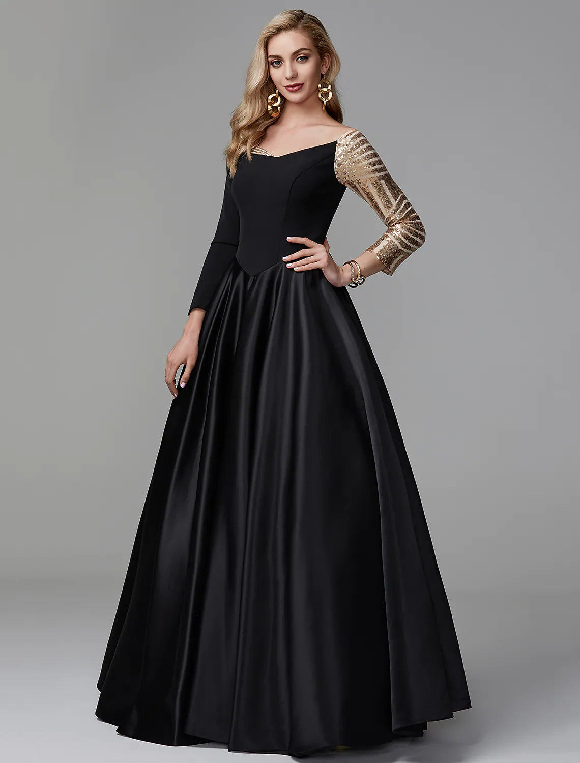 Sparkle Formal Evening Dress Off Shoulder Long Sleeve Floor Length Satin with Sequin