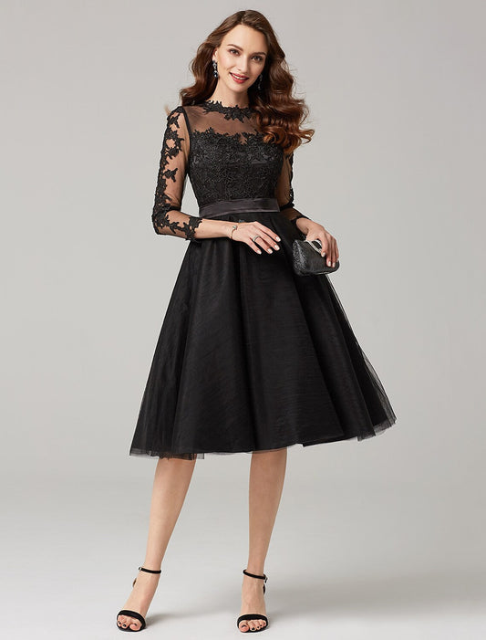 A-Line Elegant Dress Wedding Knee Length  Length Sleeve Tulle Over Lace Appliques