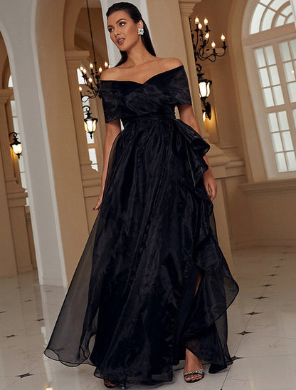 A-Line Evening Gown Sexy Dress Formal Floor Length Short Sleeve Off Shoulder with Ruffles Slit