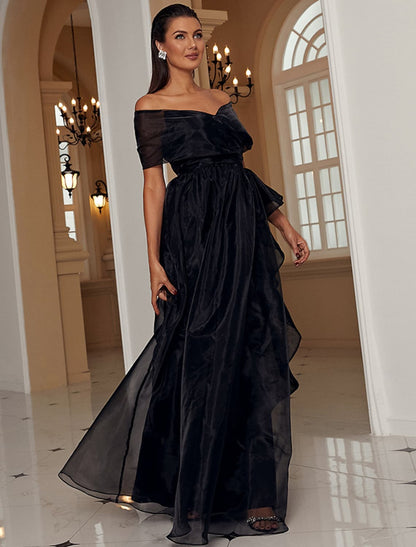 A-Line Evening Gown Sexy Dress Formal Floor Length Short Sleeve Off Shoulder with Ruffles Slit