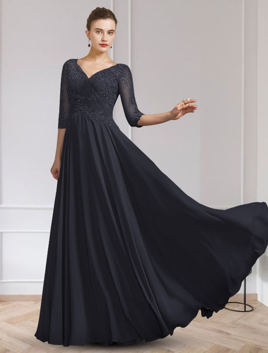 A-Line Mother of the Bride Dress Elegant V Neck Floor Length Chiffon Lace Half Sleeve with Appliques