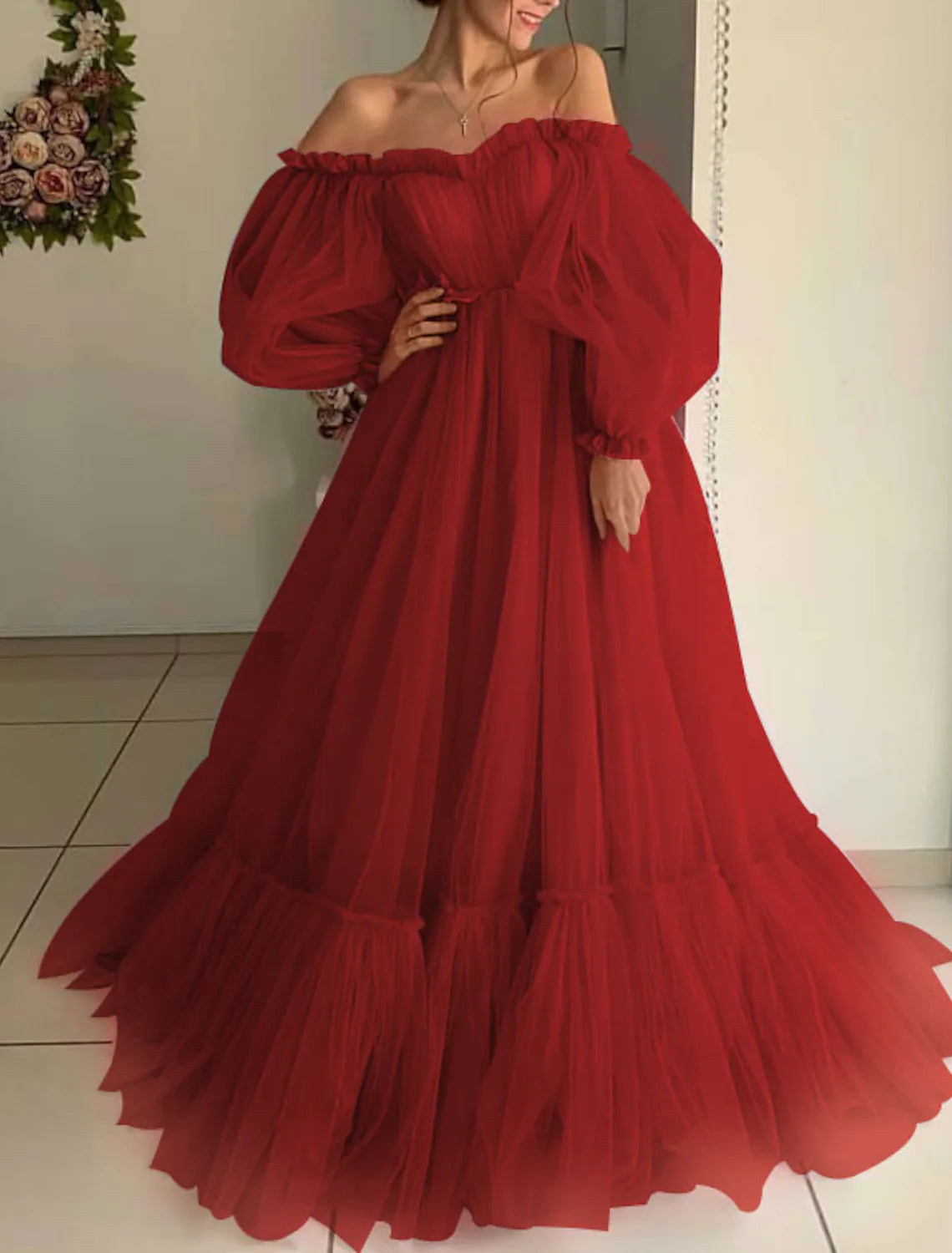 A-Line Elegant Engagement Prom Dress Off Shoulder Long Sleeve Floor Length Tulle Pleats Appliques