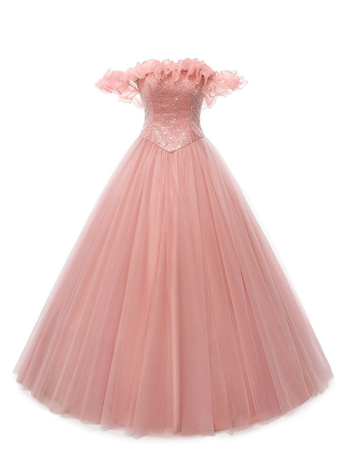 Prom Dresses Puffy Dress Quinceanera Floor Length Sleeveless Off Shoulder Tulle Pearls Sequin