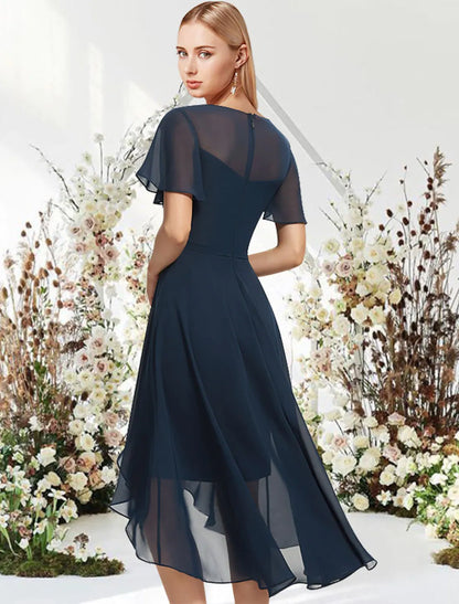 Dress Wedding Asymmetrical Short Sleeve Chiffon with Sleek