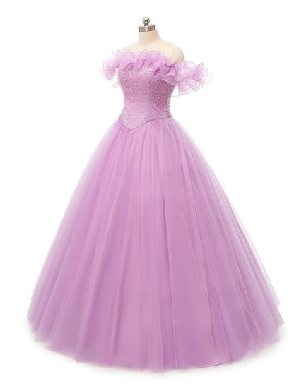 Prom Dresses Puffy Dress Quinceanera Floor Length Sleeveless Off Shoulder Tulle Pearls Sequin