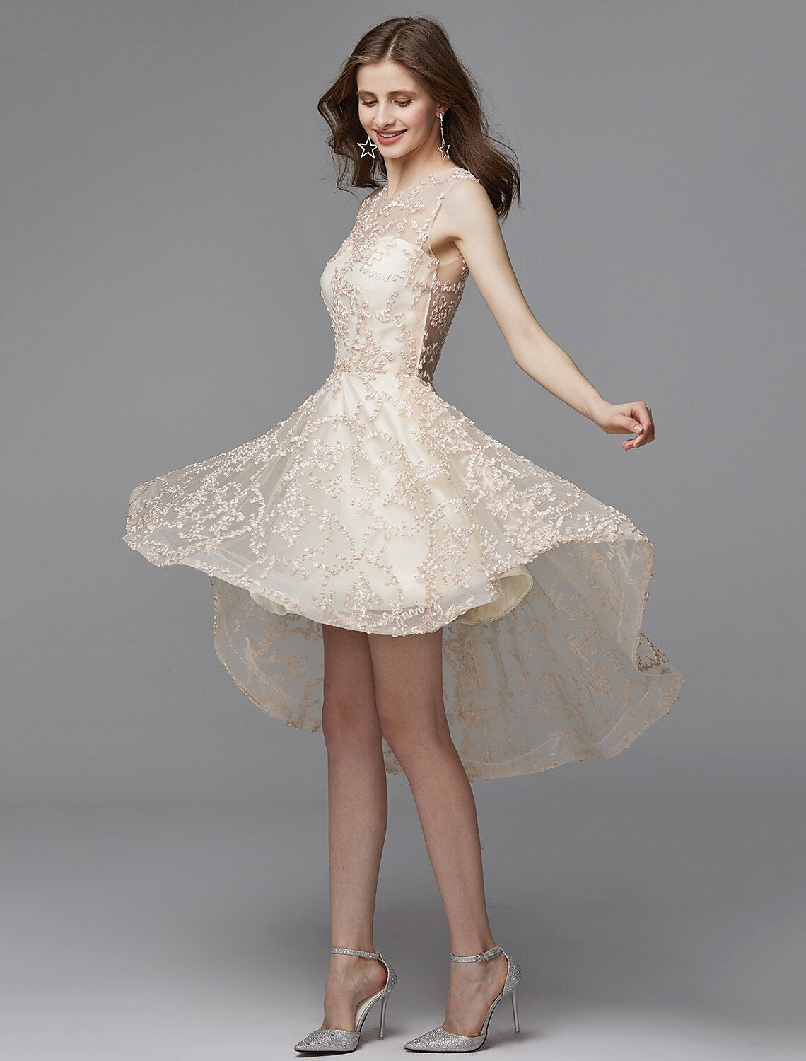 A-Line Wedding Asymmetrical Sleeveless Tulle with Appliques