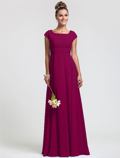 Bridesmaid Dress Square Neck Short Sleeve Elegant Floor Length Chiffon with Sash Ribbon Pleat