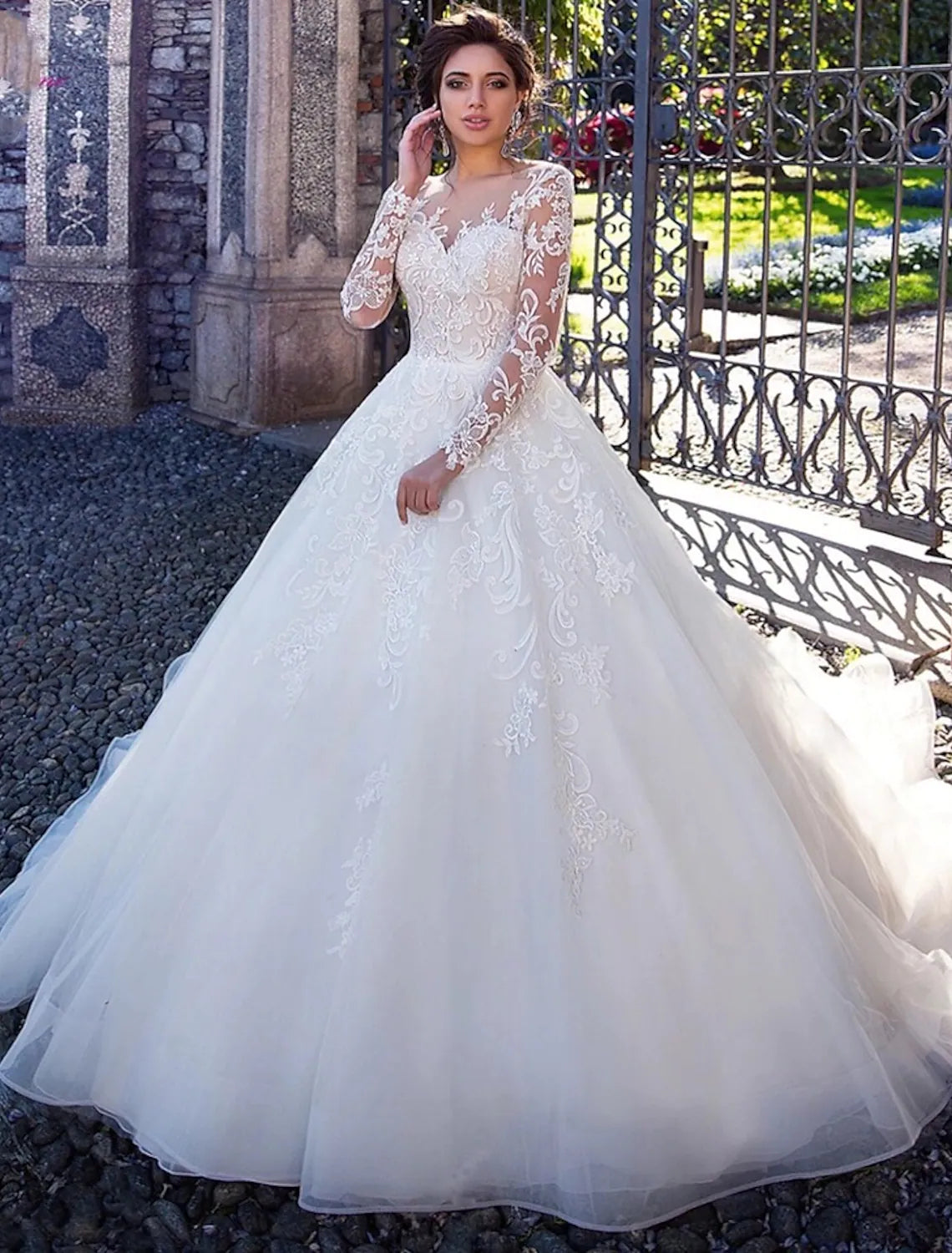 Engagement Formal Wedding Dresses Ball Gown Long Sleeve Lace Appliques