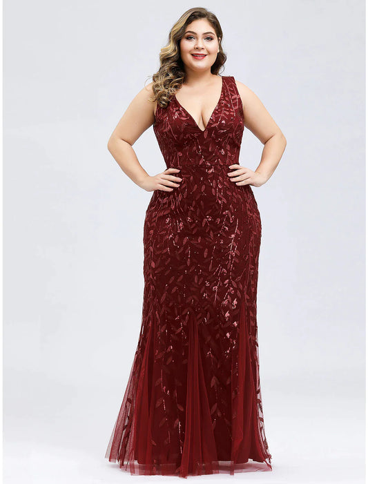 Evening Gown Plus Size Dress Wedding Guest Floor Length Sleeveless V Neck Lace V Back Appliques