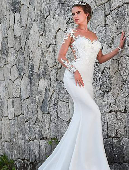 Engagement Open Back Formal Wedding Dresses Long Sleeve Lace Appliques