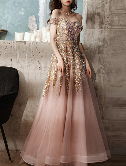 A-Line Prom Dresses Elegant Dress Formal Floor Length Short Sleeve Off Shoulder Polyester with Sequin