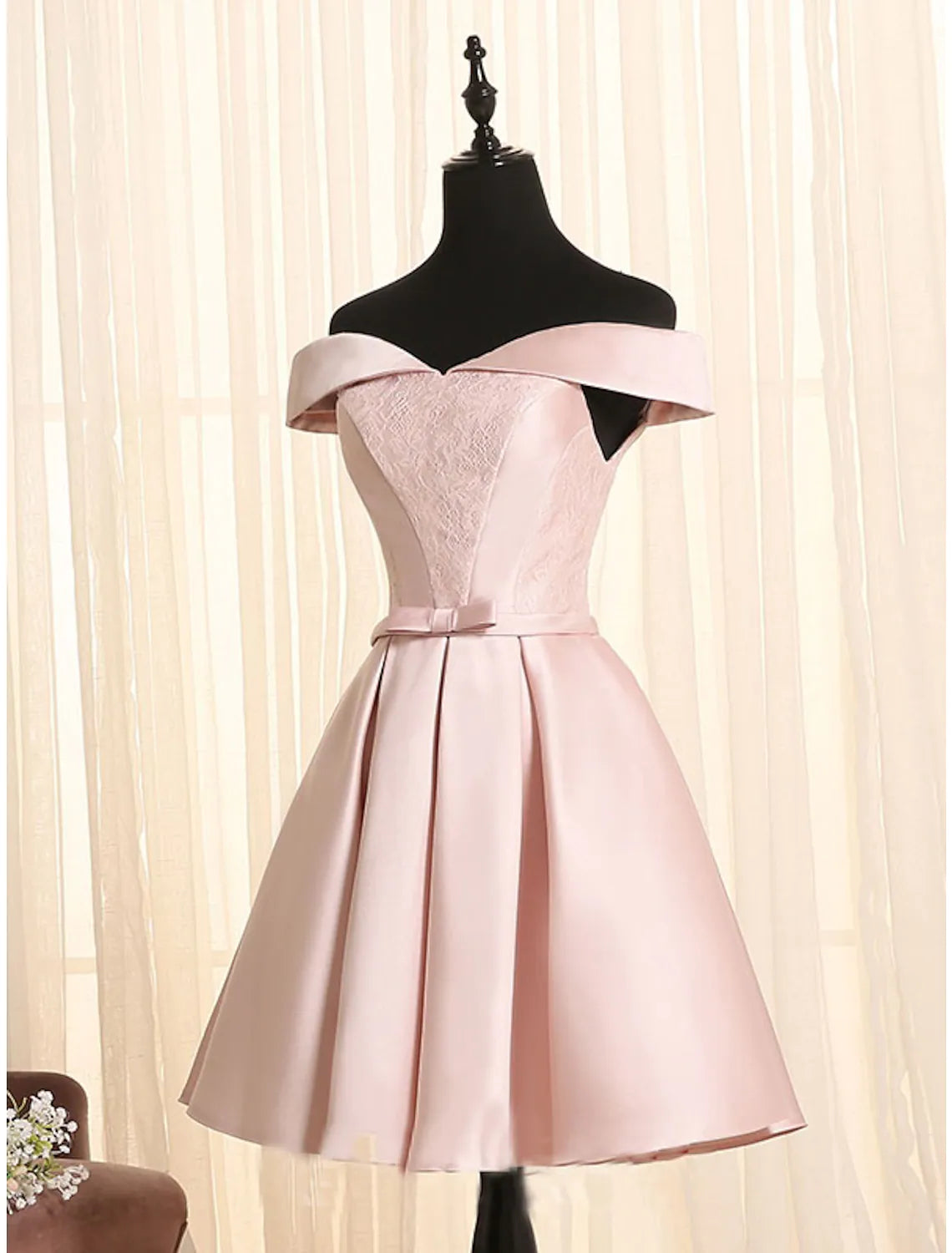 Elegant Engagement Party Dress Off Shoulder Sleeveless Short Mini Satin with Bow(s) Lace