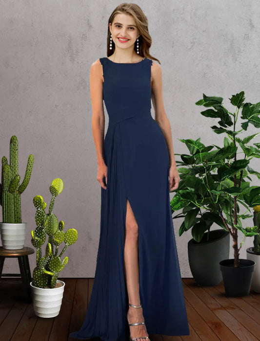 Bridesmaid Dress Sleeveless Elegant Floor Length Chiffon with Pleats Split Front