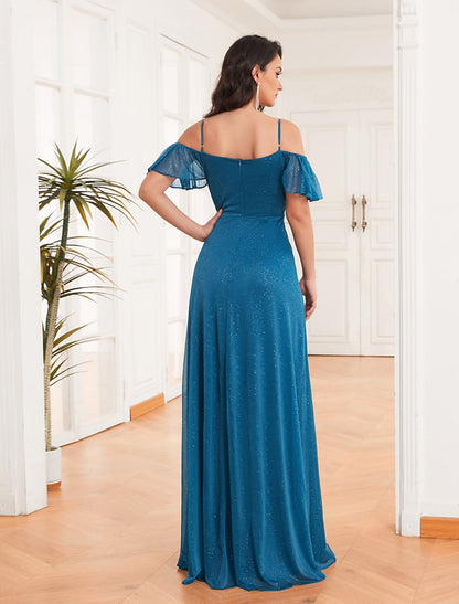 New Off Shoulder A-Line Side Split Sparkle Chiffon Bridesmaid Dress Adjustable Strap Ruffle Plus Size Evening Dress