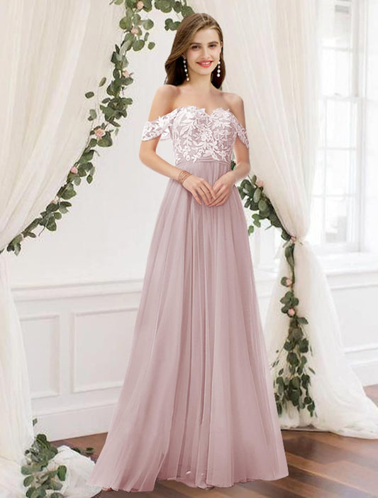 A-Line Bridesmaid Dress Off Shoulder Sleeveless Elegant Floor Length Chiffon Lace with Pleats Appliques