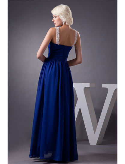 A-Line Evening Gown Elegant Dress Engagement Floor Length Sleeveless Jewel Neck Chiffon with Beading