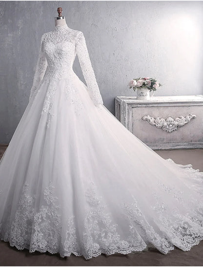 Engagement Formal Wedding Dresses Princess Long Sleeve High Neck Lace Appliques