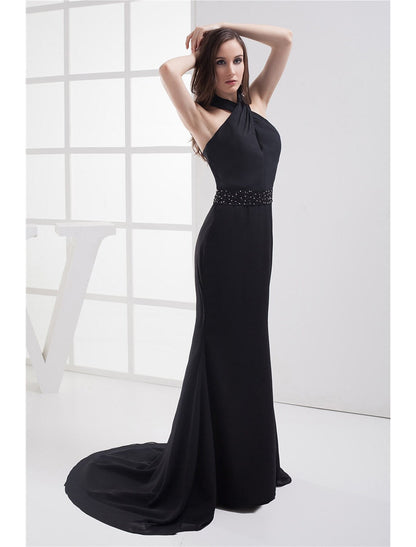 Evening Gown Elegant Dress Formal Evening Court Train Sleeveless Halter Chiffon with Beading