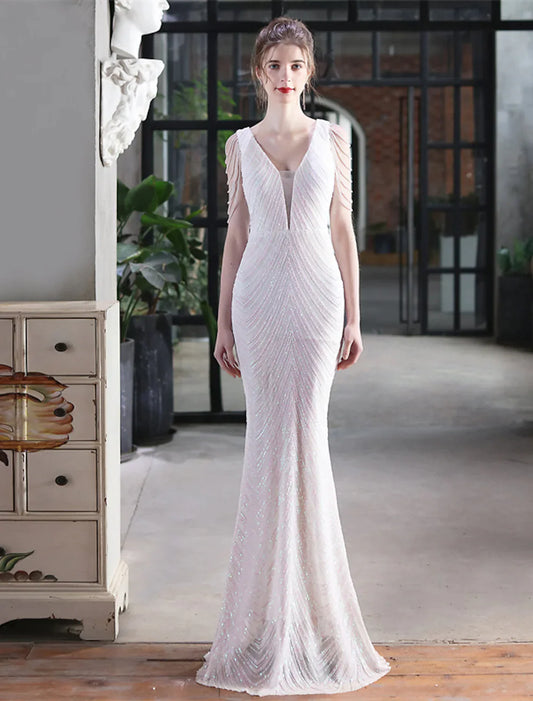 Prom Dresses Elegant Dress Formal Floor Length Sleeveless V Neck Sequined