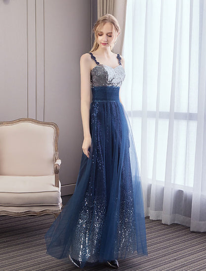 A-Line Elegant Wedding Prom Dress Strap Sleeveless Floor Length Tulle with Sequin