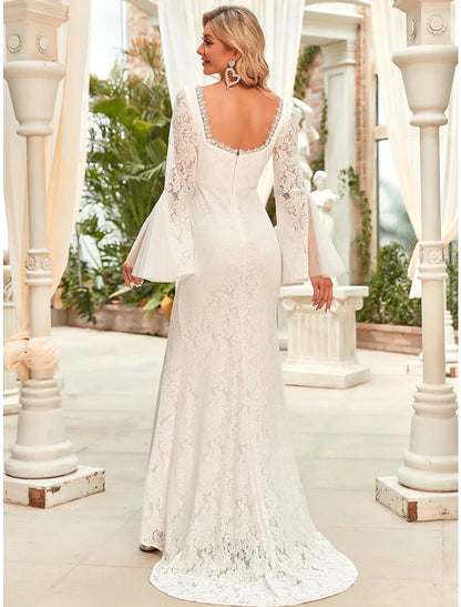 Beach Wedding Dresses Long Sleeve Square Neck Lace With Split Front