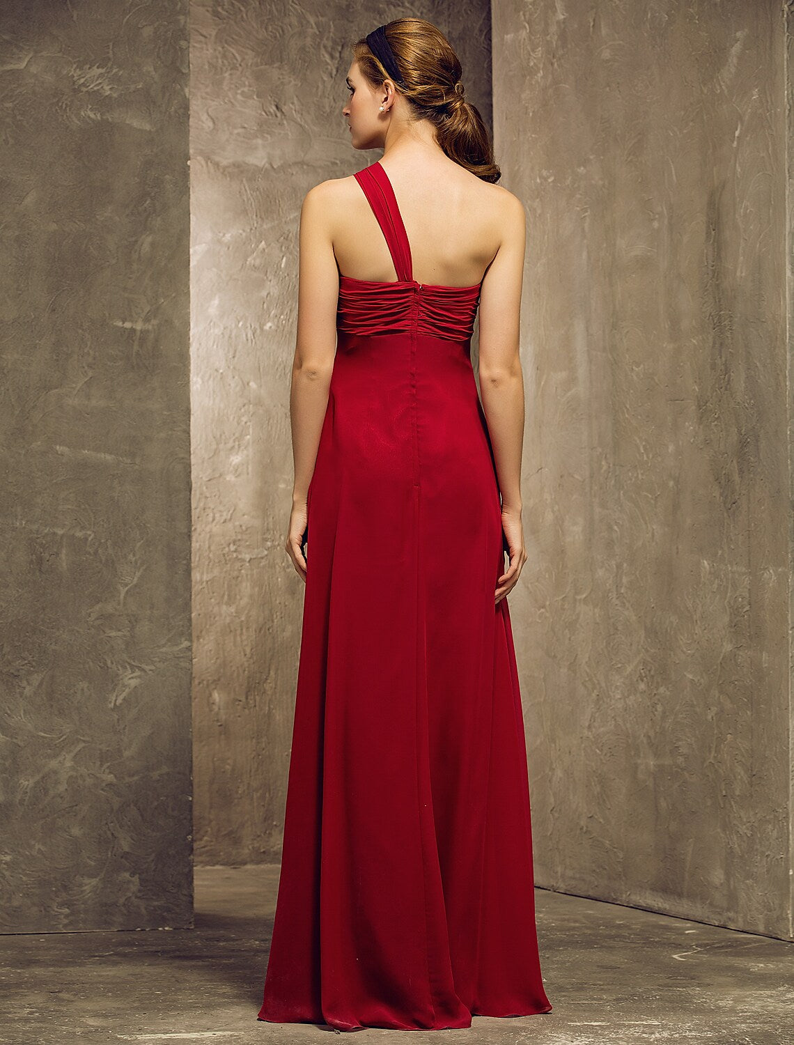 Bridesmaid Dress One Shoulder Sleeveless Elegant Floor Length Chiffon with Ruffles