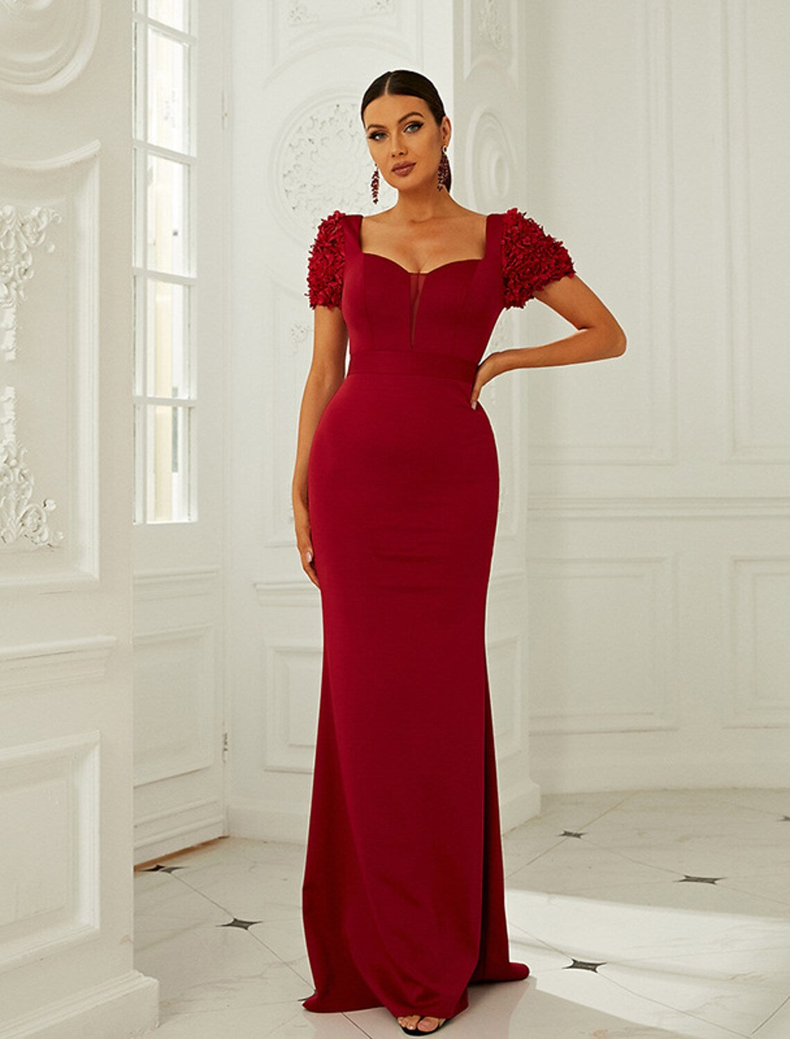 Evening Gown Dress Formal Floor Length Short Sleeve Square Neck Polyester