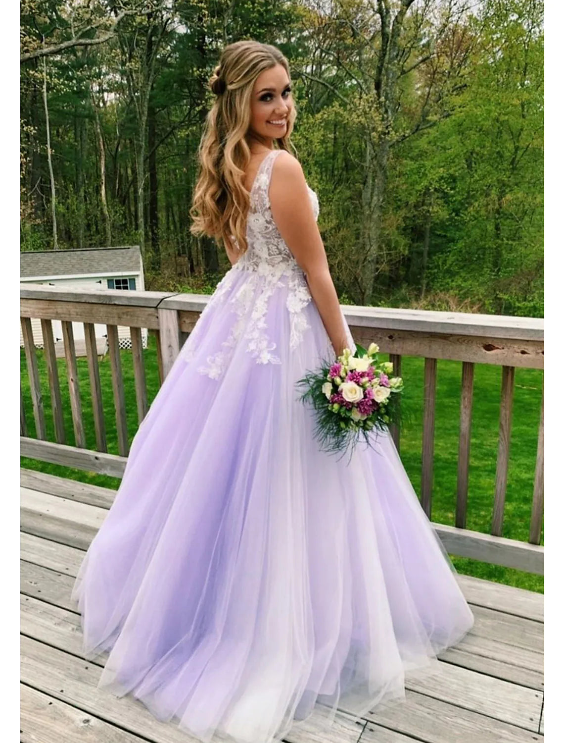 Ball Gown A-Line Prom Dresses Color Block Dress Formal Floor Length Sleeveless V Neck Tulle BacklessBack with