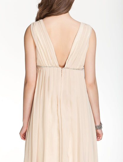 A-Line Bridesmaid Dress V Neck Sleeveless Beautiful Floor Length Chiffon with Pleats Beading