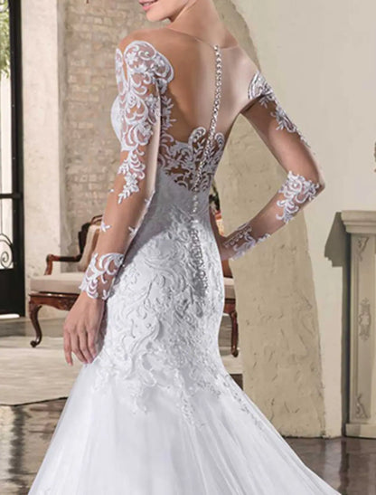 Engagement Open Back Formal Wedding Dresses Long Sleeve Lace