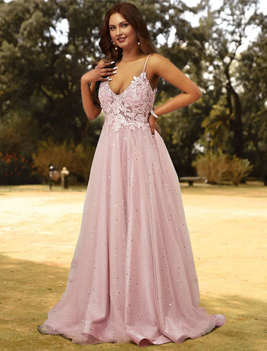 A-Line Prom Dresses Plus Size Dress Wedding Guest Sleeveless V Neck Tulle with Appliques