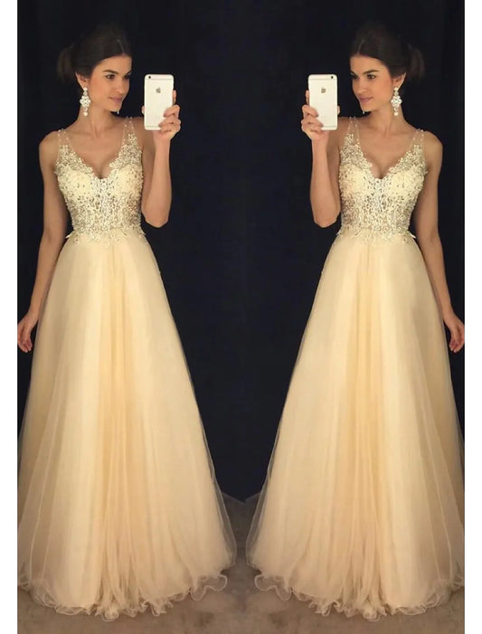 A-Line Prom Dresses Dress Formal Floor Length Sleeveless V Neck Tulle V Back Beading Appliques