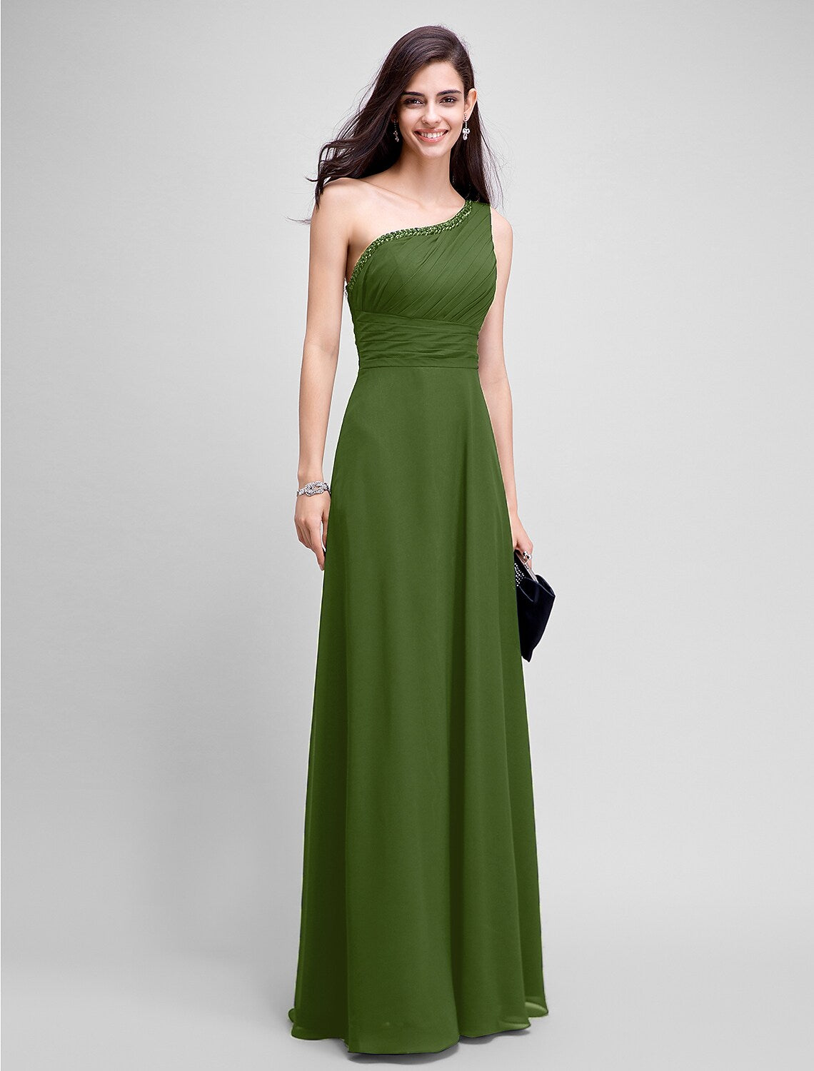 Evening Dresses Wedding Guest Floor Length Sleeveless One Shoulder Chiffon Ruched Beading