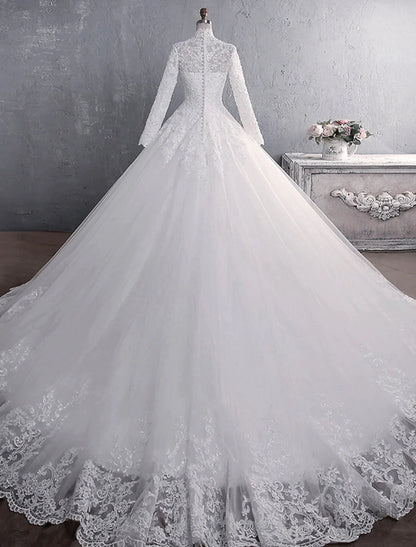 Engagement Formal Wedding Dresses Princess Long Sleeve High Neck Lace Appliques