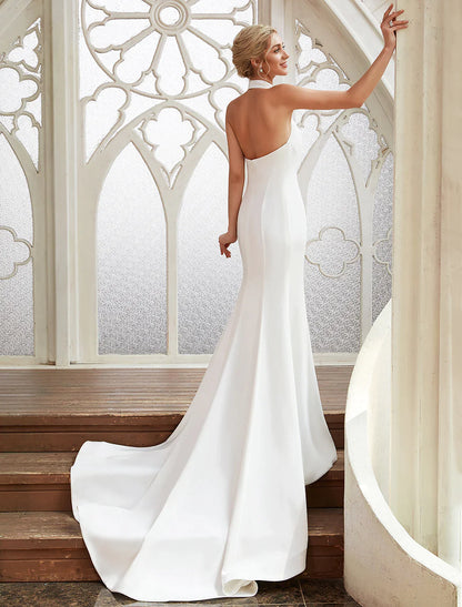 Bridal Casual Open Back Wedding Dresses Satin With Pleats