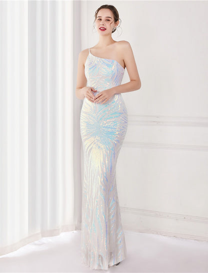 Evening Gown Elegant Dress Wedding Floor Length Sleeveless One Shoulder Sequined V Back with Sequin