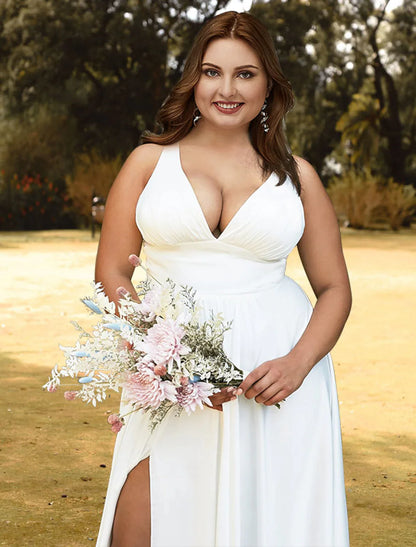 Open Back Plus Size Wedding Dresses Floor Length A-Line Sleeveless Strap V Neck