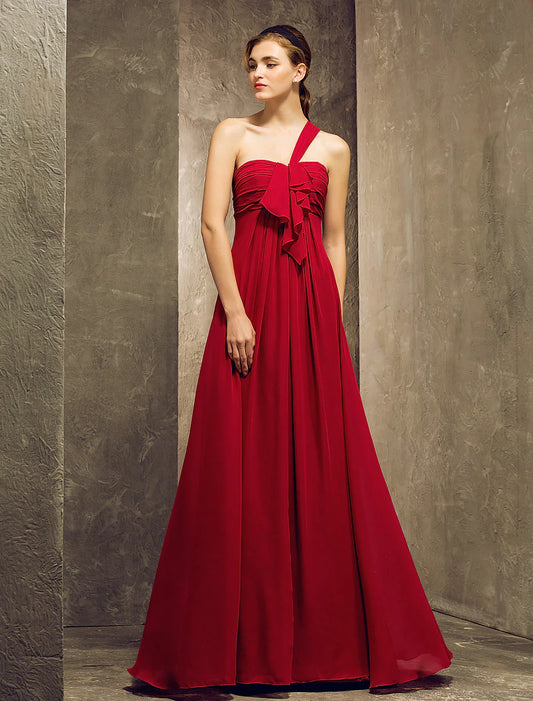 Bridesmaid Dress One Shoulder Sleeveless Elegant Floor Length Chiffon with Ruffles