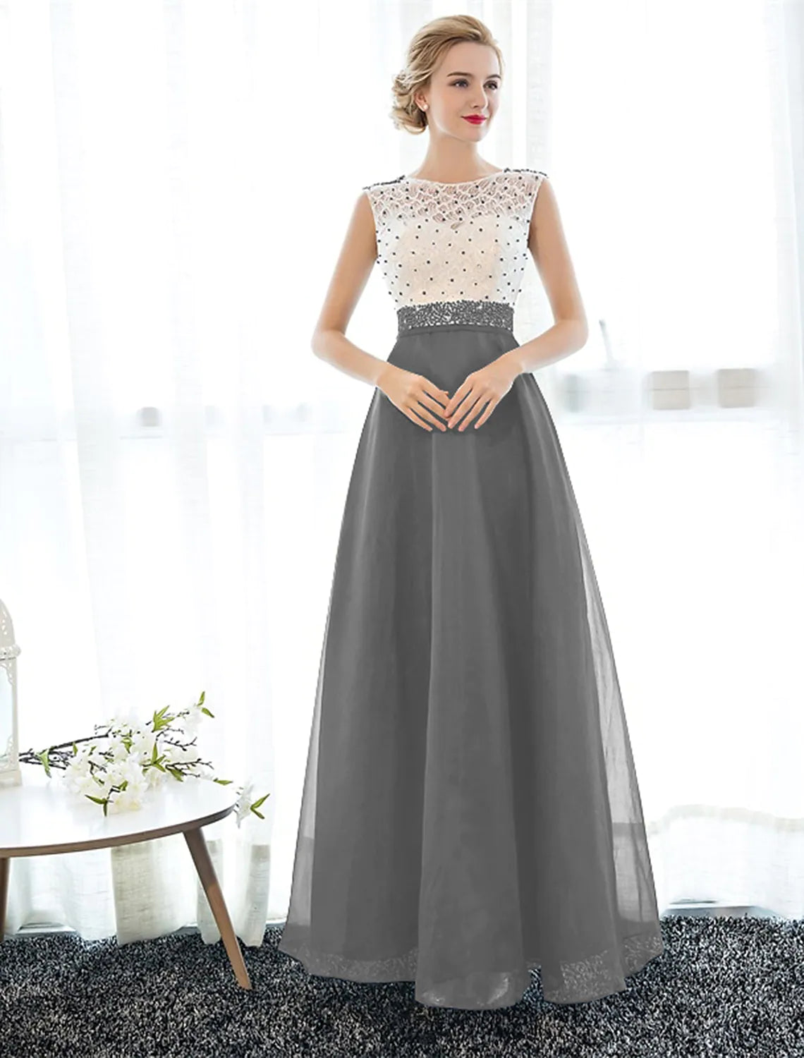 A-Line Elegant Beaded Sequin Prom Formal Evening Dress Sleeveless Floor Length Tulle Over Lace Beading