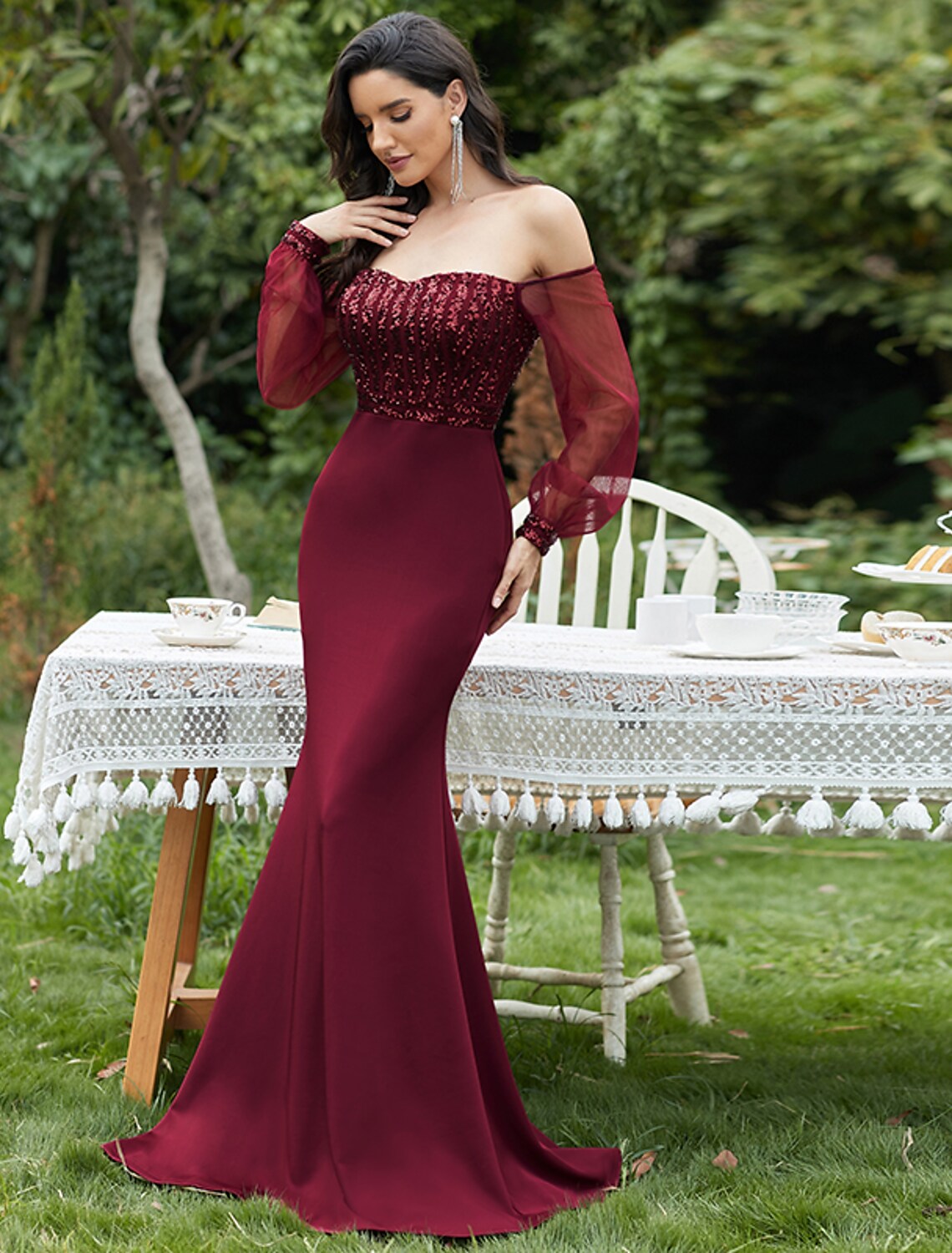 Sexy Formal Evening Dress Off Shoulder Long Sleeve Floor Length with Sequin