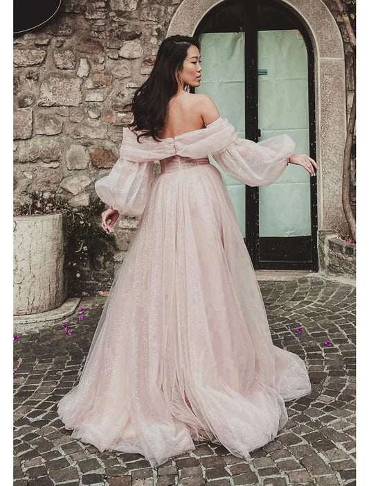 A-Line Prom Dresses Corsets Dress Formal Floor Length Long Sleeve Off Shoulder Tulle Glitter Ruched Slit