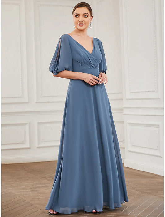 A-Line Evening Gown Dress Wedding Guest Floor Length Half Sleeve V Neck Chiffon with Pleats