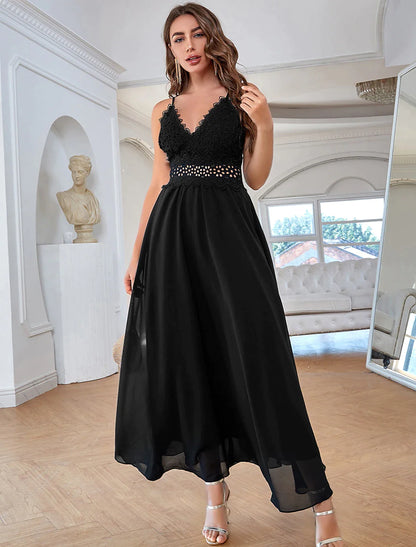 A-Line Elegant Vintage Party Wear Formal Evening Dress V Neck Sleeveless Ankle Length Chiffon with Sequin Splicing