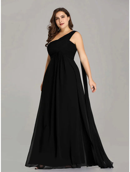 Plus Size Wedding Guest Formal Evening Dress One Shoulder Backless Sleeveless Floor Length Chiffon Pleats Draping