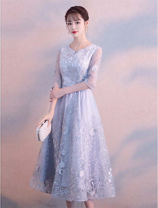 A-Line Elegant Cocktail Party Prom Dress Jewel Neck  Length Sleeve Tea Length Lace with Insert Print Appliques